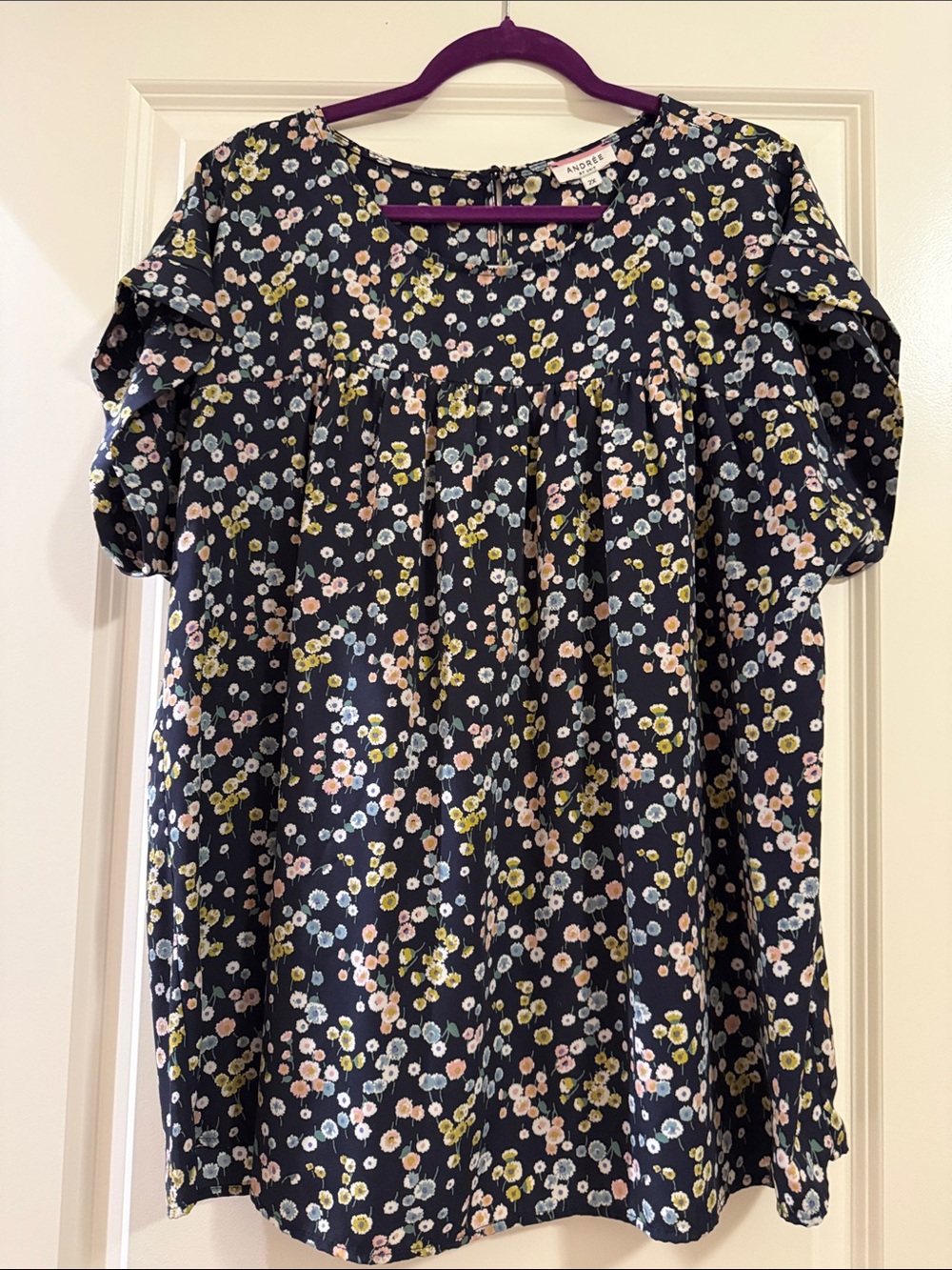 Andree Navy Floral Short Sleeve Babydoll Blouse